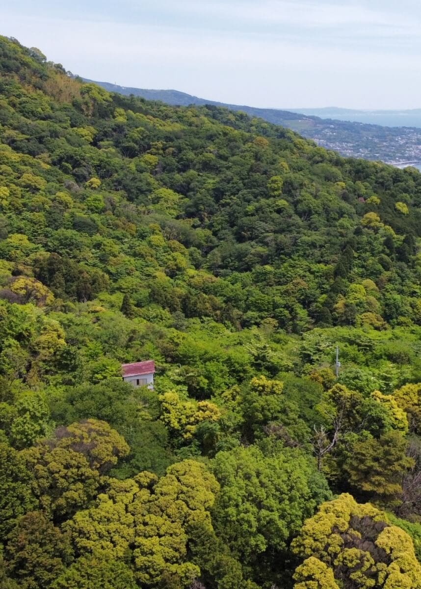 空き家 、静岡県熱海市の海を見下ろす山の上で撮影されたドローン。