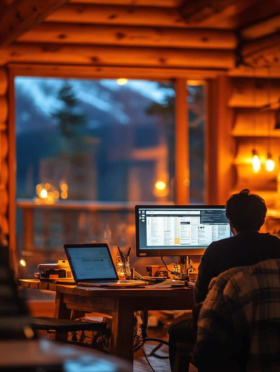 アキヤズ・マット・ケチャム・データ分析-キャビン・タイニー 日本の山小屋でコンピューターに向かうデータアナリスト。