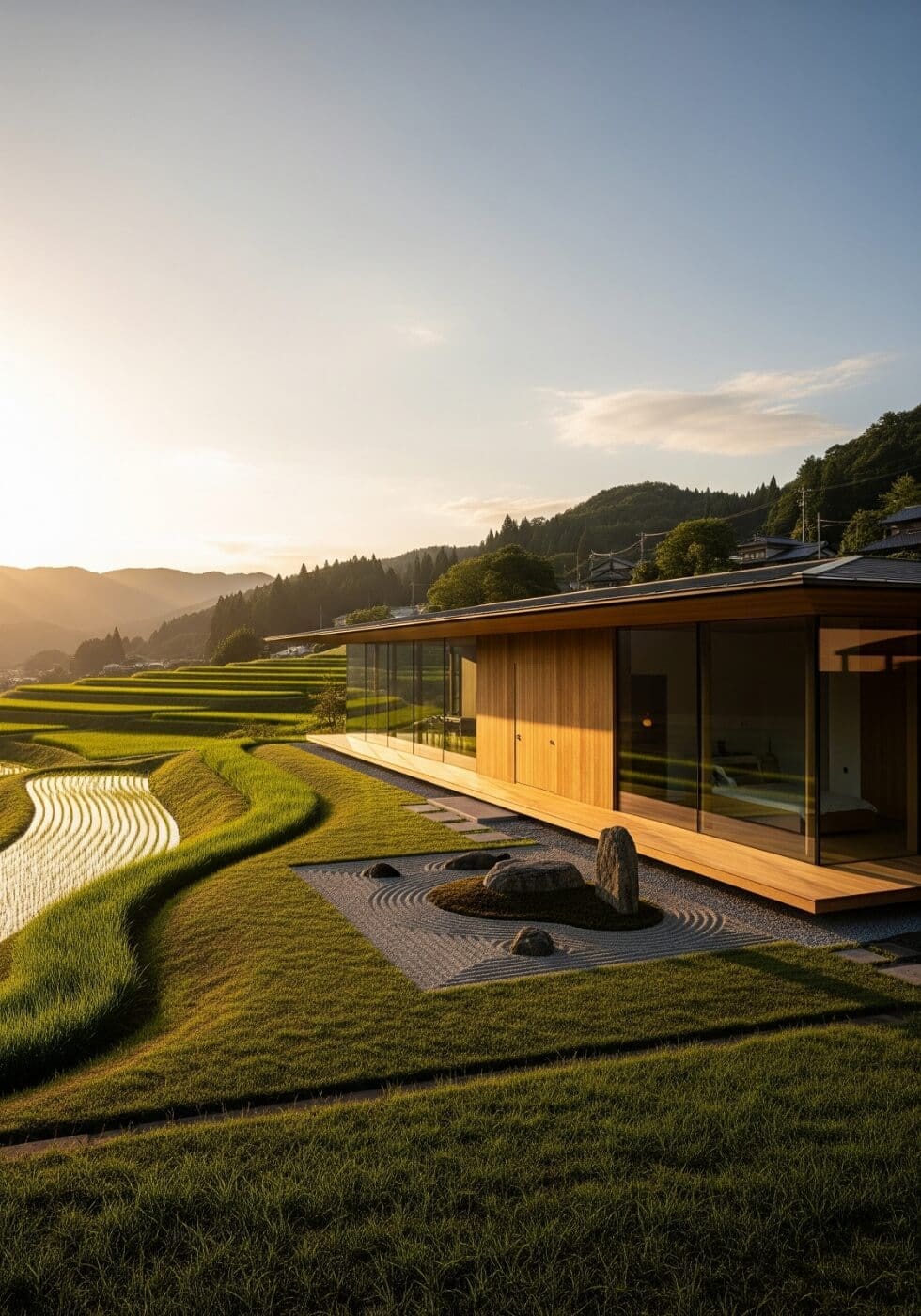 akiyaz-our-mission-1-tiny A modern house overlooking terraced rice paddies at sunset, representing the Akiyaz Vision for Japan's future, which is our goal to achieve.