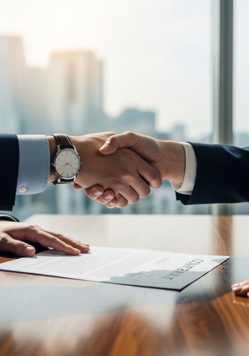 A handshake symbolizing agreement to the Akiyaz Policies and Support framework. This represents a partnership based on our fair Company Policies Japan and user agreement policies.